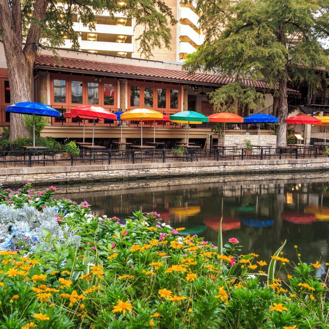 The San Antonio River Walk with fiesta umbrellas